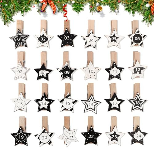 BETESSIN 24 Adventskalender Zahlen Holz - Sternfömige Holzklarmmern mit Zahlen 1-24 - Klammern für Adventskalender zum selber Basteln - Holzzahlen für Weihnachtskalender, Weihnachtsdeko uvm.