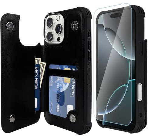 VANAVAGY Compatible for iPhone 16 Pro Wallet Case with Credit Card Holder,Rfid Leather Flip Folio Phone Cover Fits Magnetic Car Mount and Stand with Screen Camera Protector,Black