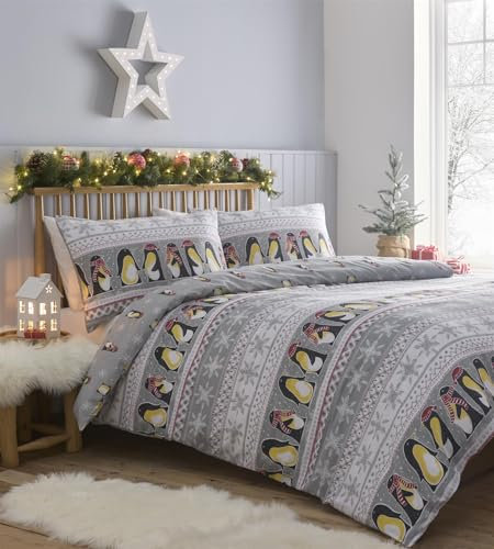 Simply Charlotte Penguins Bettwäsche-Set für Einzelbett, Weihnachtsmotiv, Grau
