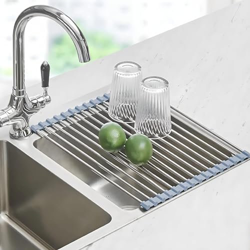 Rejilla de goteo para fregadero, escurridor de platos, soporte para paños de cocina, escurridor enrollable de silicona resistente al calor, de acero inoxidable recubierto de silicona resistente al