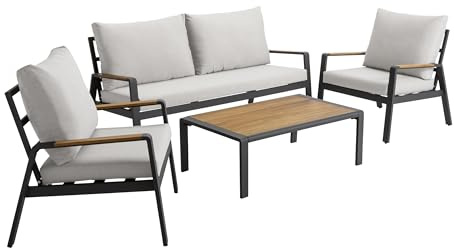 Dehner Garten-Lounge Milo, dunkelgrau/beige/Natur | 4-teilig mit 1x Tisch / 1x Sofa / 2x Sessel je mit Polster, Aluminium / FSC® zertifiziertes Akazienholz / Textilien