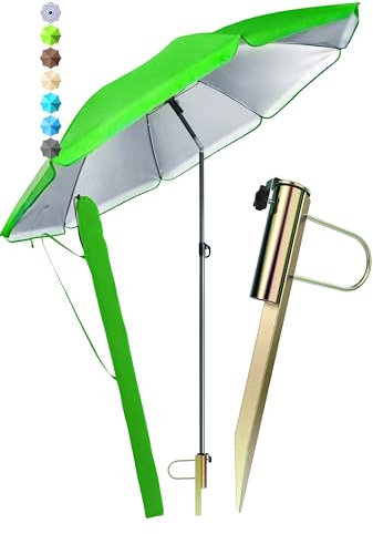 Menz Sonnenschirm Strand Ø 180 cm in Grün, 3-IN-1 Set - UPF 50+ Strandschirm windfest stabil + Schirmhülle + Rasendorn Sonnenschirmhalter - Sonnenschirm mit Rasendorn für Garten, Schirmspieß
