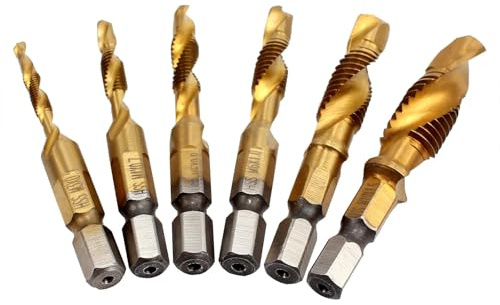 Anhoer 6 Teiliges Kombi Gewindebohrer Bit Satz 1/4 HSS M3-M10 Schraube Sechskantschaft Senker Werkzeuge Maschinengewindebohrer Set Gewindebohrer für Holz Kunststoff Aluminium Metall (Gold, 6tlg)