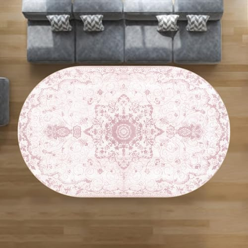 VARIKASHOM Teppiche Oval für Deko Wohnzimmer Schlafzimmer Bett, Teppichen leicht zu reinigen, Weiß, traditionell, orientalisch, geblümt, Dunkelrosa, 80 x 120 cm