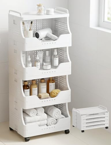 DEANIC Faltbarer Rollwagen für Bad, 4 Ebenen Rollcontainer mit Rollen(Weiß) | PP Kunststoff, platzsparendes Design, Aufbewahrungswagen mit Griffen, Rollcontainer, Servierwagen für Küche, Büro und Zuhause