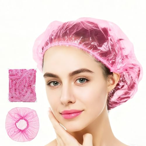 YCSHIPO 100 PCS Disposable Shower Caps, Waterproof Plastic Hair Caps, Thickened Elastic Bath Caps for Women, Home & Travel Use - Pink