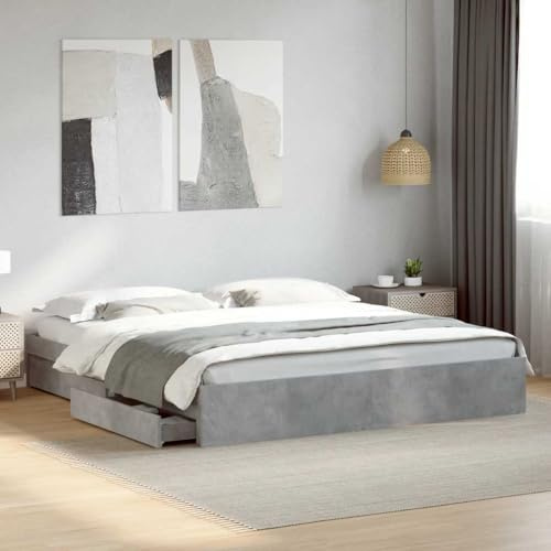 Cadre de Lit Gris Béton 180x200 cm avec 4 Tiroirs de Rangement, en Bois d'Ingénierie Durable, Lattes Robustes pour Chambre Moderne, sans Matelas