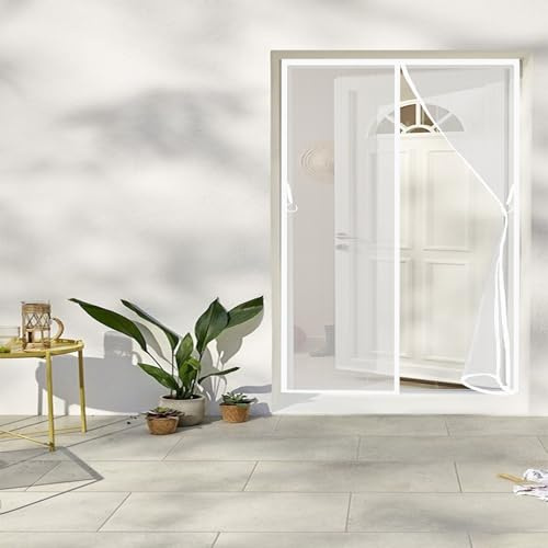 Magnetic Fly Screen Door 168 x 204 cm Automatically Closes Keeps Bugs Mosquito Door Net No Tools Installation, with Stay Open Buckles Ideal for Balcony ＆ Bedroom Doors, White