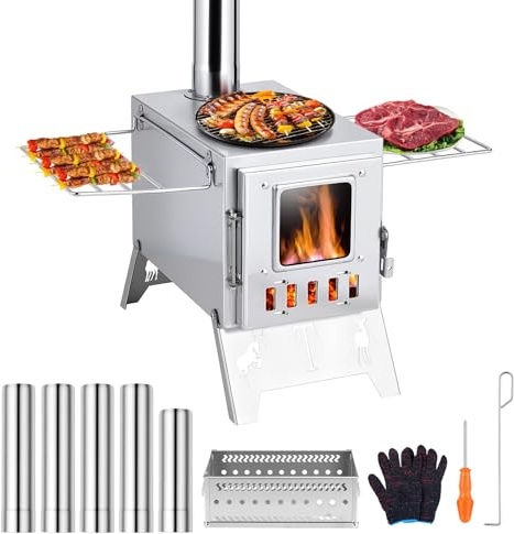 gihusrzx Hot Tent Stove, Wood Burning Stove, Portable Wood Stoves with 5 Stainless Pipes and Stone Box, for Outdoor Camping Heating & Cooking, Hunting, Ice Fishing, Boiling Water Stainless Steel