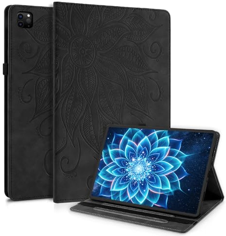 CXTCASE Hülle für iPad Pro 12.9 Zoll 2022/2021/2020/2018, Schwarz | (6./5./4./3.Generation) Kartensteckplatz, Standfunktion, Stifthalter, Ultradünnes PU-Leder, Gummiband, Mehrere Winkel