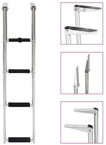 Runheo Escalera plegable de acero inoxidable con 4 peldaños para barco, yate, piscina, puerto deportivo y plataforma de baño, telescópica, antideslizante, hasta 250 kg, con accesorios de montaje