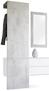 Vladon Garderobe Carlton Set 2, Made in Germany, Garderobenset bestehend aus 1 Garderobenpaneel, 1 Schubkastenschrank und 1 Wandspiegel, Weiß matt/Beton Oxid-Optik (105 x 193 x 35 cm)