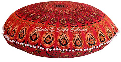 Stylo Culture Ethnisch Dekorativ Rund Bodensitzkissen 80x80 cm Groß Sitzpouf Kissen Mandala Rot Boho Pom Pom Spitze Schöne Sitzkissen Baumwolle Pfauenfeder Rundkissen Orientalisch