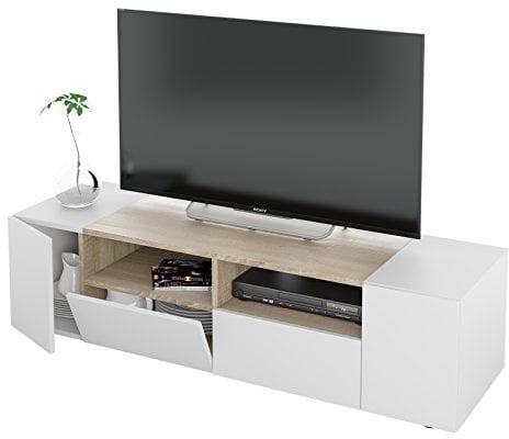 Dmora - Meuble TV Topeka, Buffet télévision de salon, Meuble TV moderne, Buffet bas polyvalent, 138x42h36 cm, Blanc et Chêne