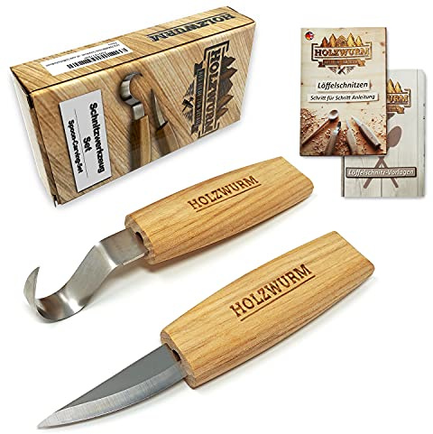 HOLZWURM Holz Schnitzmesser-Set, Löffel - Basic, inkl. Anleitung und Schnitzvorlagen, ideales Schnitzwerkzeug-Set zum Löffelschnitzen…