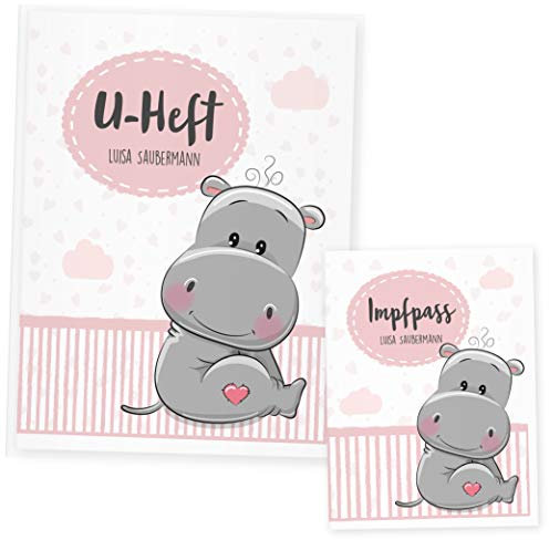 U Heft Hülle Tiere, Uheft Hülle und Impfpass Hülle Set, (Uheft Set personalisiert, Nilpferd Rosa)