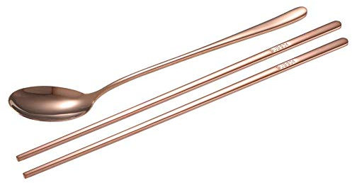 Korean Stainless Steel Spoon Chopsticks Set, Flatware Silverware Tableware Set Long Handle Gold Rose Color(Rose Color)