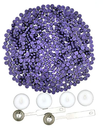Siegelwachs Perlen Set, 500 Stück Achteckige Siegelwachsperlen mit 2 Schmelzlöffel und 4 Teelichtkerzen für Wachsstempel, Buchstabensiegel, Lila