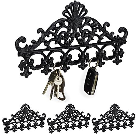4 x Garderobenleiste Gusseisen, 5 Haken, antike Hakenleiste, für Schlüssel, nostalgisch, HBT: 17 x 35 x 3,5 cm, schwarz