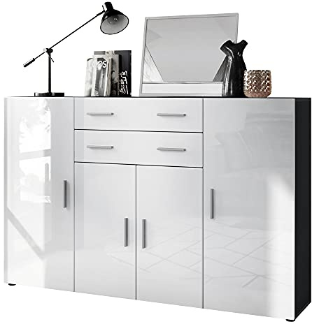 Vladon Highboard Aron Anrichte mit 2 Schubladen und 4 Türen mit insgesamt 8 Fächer dahinter, Anthrazit matt/Weiß Hochglanz (166,5 x 106,5 x 35 cm)