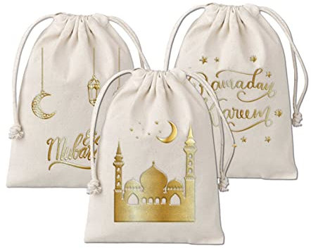 3 Geschenksäckchen zu Ramadan - aus Baumwolle - wunderschön und hochwertig gold bedruckt - ideal zum Verpacken von Geschenken - Größe 20x30 cm mit Zugband Set 2