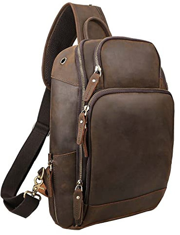 Taertii Vintage Vollnarben Echtleder Sling Tasche Crossbody Brust Schulter Rucksack Tagesrucksack Reisen Wandern für 13,3 Zoll Laptop - Braun