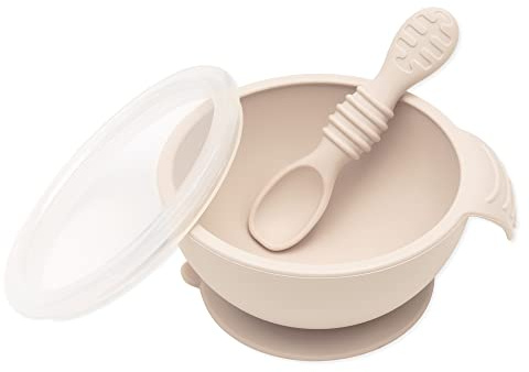 Bumkins - Erstes Baby Fütterungsset aus Silikon, Sand, Schüssel mit Saugfuß und Löffel, Spülmaschinenfest