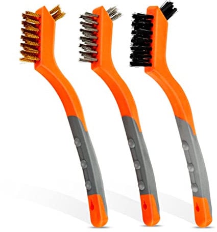 MAXMAN Drahtbürsten-Set, 3 Packungen Messing-Edelstahl-Nylon, Mini-Bürsten mit gebogenem Griff für die Reinigung von Schweißschlacke, Rost, schmale Ecken und Detailarbeiten, Orange und Grau