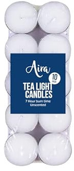 White Wax Tea Light Candles in Aluminum Case, Pack of 10-7-Hour Burn Time, Unscented, Ideal for Candle Holders