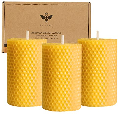 DEYBBY 2×3.3 inch Yellow Beeswax Honeycomb Rolled Pillar Candles Set of 3