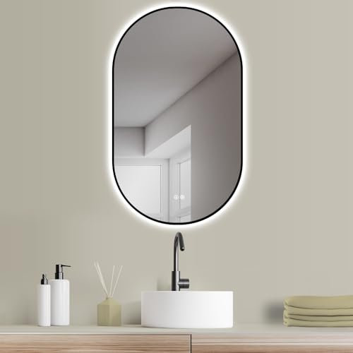 HOKO Design LED ANTIBESCHLAG Spiegel oval 45x75 cm Bologna+ Metall Rahmen Schwarz. HOCH+QUER Montage. Badspiegel LED beleuchtet + Touch Schalter + Lichtfarbe Einstellbare-Warmweiß-Kaltweiß-Neutral