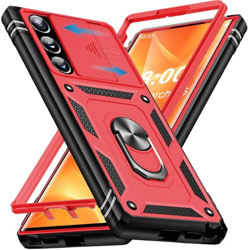 Giyer Handyhülle für Samsung Galaxy S22 Ultra Hülle mit Kameraschutz 360° Metall Ring Ständer Stoßfest Bumper Schutzhülle Samsung S22 Ultra 6.8 Case Cover (Rot)