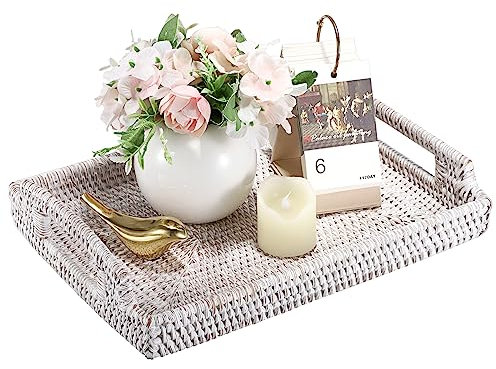IGNPION Bandeja de ratán para servir para el hogar, baño, invitados, bandeja de exhibición decorativa, bandeja de almacenamiento de mesa tejida con asa, bandeja organizadora de escritorio para