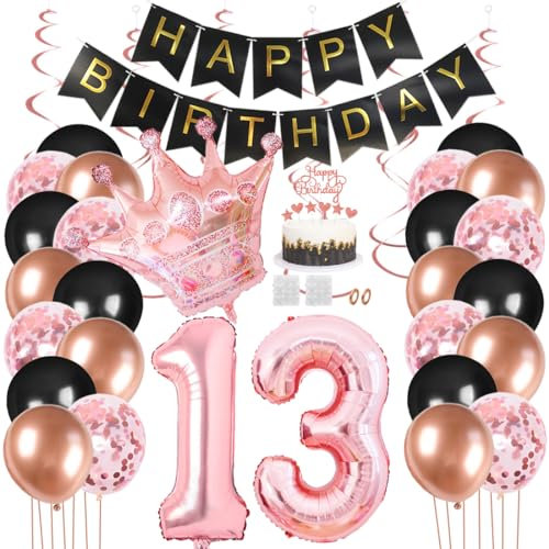 Juland 13. Geburtstag Deko Männer Frauen Schwarz Rose Gold Geburtstagsdeko Mädchen Junge Happy Birthday Banner 13 Jahre Geburtstag Nummer Folienballons Krone Konfetti Luftballons Tortenaufsatz