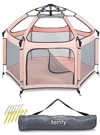 tenty Baby Pop-Up Laufgitter für drinnen und draußen - 150 x 100 cm - mobiler Laufstall mit Tragetasche und Heringen - für zuhause, Reisen, Camping (Rosa)