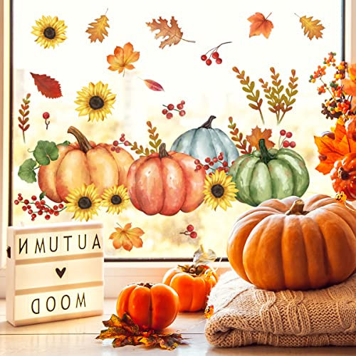 Thanksgiving Herbstdeko Fenster Aufkleber,Fuchs und Kürbis Fensteraufkleber PVC Doppelseitig Abziehbilder für Fenster Ahornblätter, Kaninchen, Pilze für Kinderzimmer Cafe