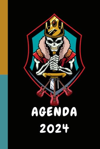 Agenda 2024: Thème rock de janvier 2024 à décembre 2024, intérieur noir et blanc, avec plages horaires de 7h à 19h avec belles illustrations de guitares et de rockers, 194 pages au total