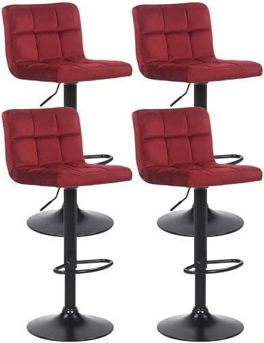CLP 4er Set Barhocker Feni Samt, höhenverstellbar mit Fußstütze, Lehne & Metallgestell, belastbar bis 150 kg, Farbe:rot
