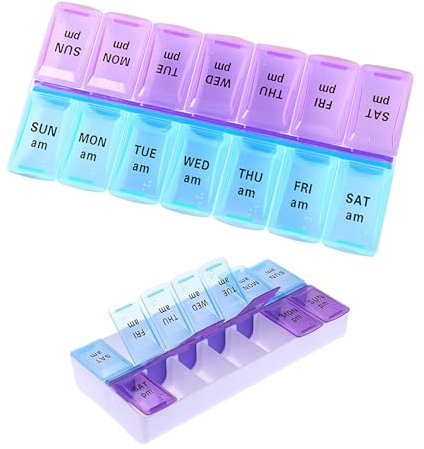 BAOWUABJ Weekly Pill Boxes 7 Day 2 Times a Day, Daily Pill Box Organiser, Travel Pill Boxwith Am/Pm Compartments, BPA Free Weekly Tablet Organiser to Hold Vitamins and Medication (Purple+Blue)