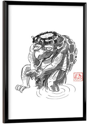 artboxONE Poster mit schwarzem Rahmen 18x13 cm Schwarzweiß Yokai Kappa - Bild Yokai Monster Sumie