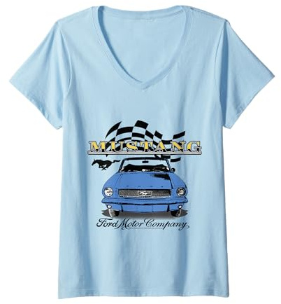 Damen Ford – Vintage Blue Mustang Cabrio Auto karierte Flagge T-Shirt mit V-Ausschnitt