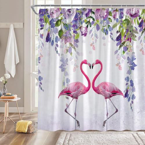 NYDSZNE Rideau de douche en tissu avec crochets - Motif flamant rose et violet - Motif floral printanier