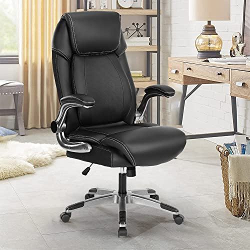 KCREAM Bürostuhl Atmungsaktiver Leder Chefsessel mit hoher Rückenlehne und Verstellbarer Armlehne Schreibtisch Drehsessel höhenverstellbar bis 210 KG(Black)