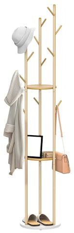ybaymy Metal Gold Coat Rack Freestanding Hanger Rack Hall Tree for Hats Scarves and Bags Modern Coat Rack with Triple Shelves