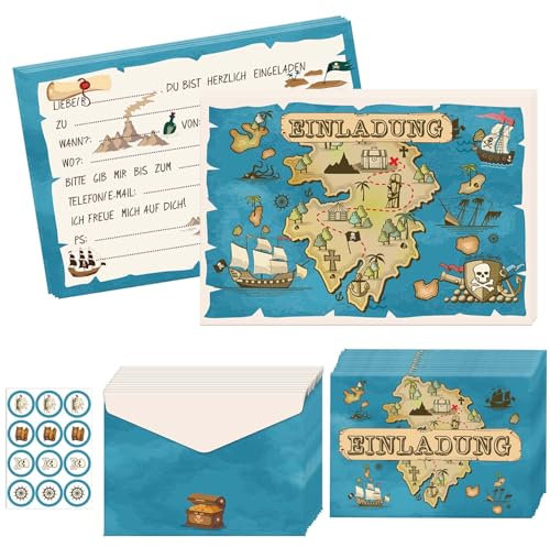 Betensh 12 Stück Piraten Einladungskarten Kindergeburtstag Junge Mädchen, 15×10cm Piraten Geburtstag Einladungskarten mit Umschlag, Piraten Partyeinladungen, Einladungskarten Jungs für Piratenparty