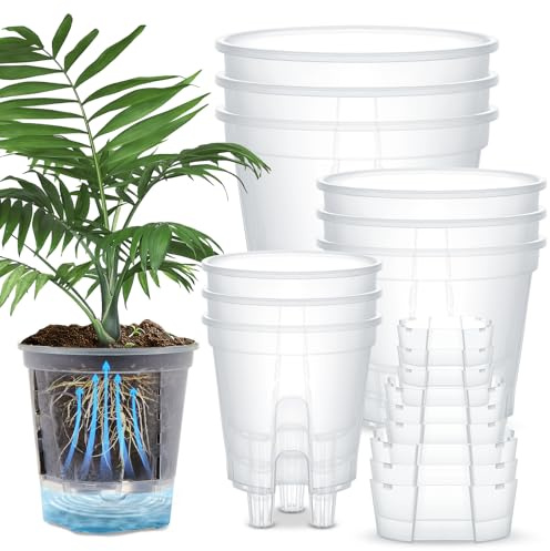 Wonderjune Selbstbewässernder Pflanzgefäß, 12 cm, 15 cm, 18 cm, transparent | 9-teiliges Set, 3 Größen, 3 Töpfe pro Größe, 12 cm, 15 cm, 18 cm, transparenter Kunststoff, tiefer Behälter mit Drainage