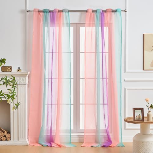NETMEO 2 Paneele transparente Vorhänge, Vorhänge für Mädchenzimmer, Schlafzimmerdekor-Vorhänge mit Einhornmotiv, lichtdurchlässige Vorhänge für das Wohnzimmer (Rosa Grün Lila, B132xH213 cm)