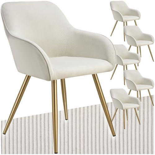 tectake® 6X Esszimmerstuhl, Sessel bequem mit Armlehne, Polsterstuhl, Cord Cocktailsessel, Loungesessel für Wohnzimmer, Esszimmer, Moderne Küchenstühle, Bürostuhl - Creme/Gold