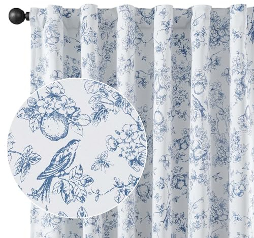 Vangao Blaue Verdunkelungsvorhänge für Schlafzimmer, 244 cm Länge, Landhaus-Blumen-Vorhänge für Wohnzimmer, Toilette, Cottagecore, wärmeisolierte Fenstervorhänge, 2 Paneele, Blau und Weiß