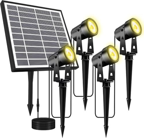 Totofac Foco Solar Exterior, 4 en 1 Luces Solares de Exterior, 3000K Blanca Cálido, 4 Brillos Optionale, Luz Led Solar Jardin Impermeable IP65 para Jardín, Camino, Césped, Terraza